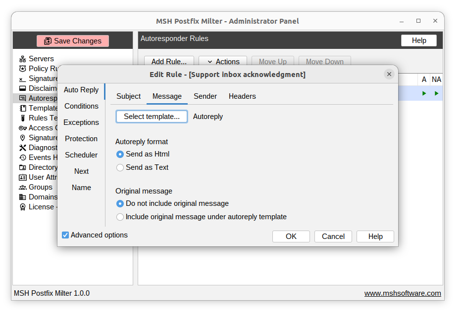 Autoresponder rule editor in the Administrator Panel - composing an automatic reply with subject, sender, and message body settings