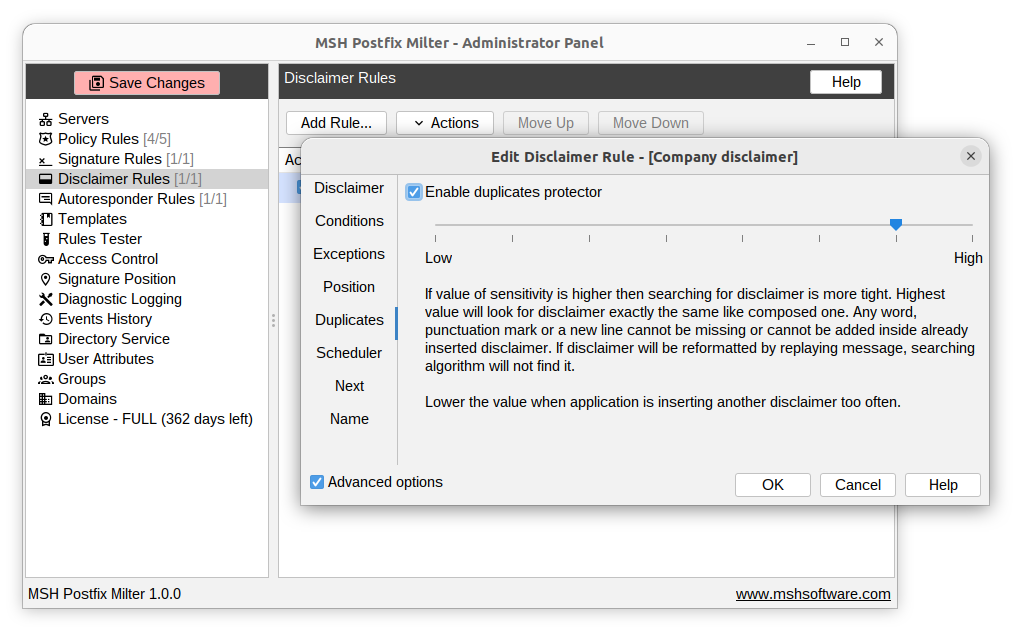 Disclaimer rules editor in the Administrator Panel - configuring a legal disclaimer with positioning and duplicate-detection options