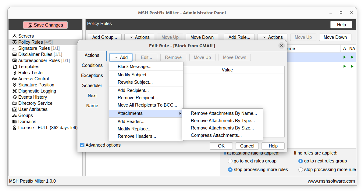 Policy rules editor in the Administrator Panel - rule list showing block, header, recipient, and attachment actions with conditions