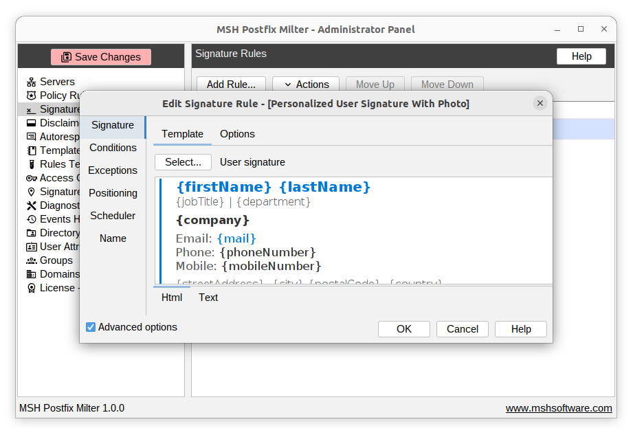 Signature rules editor in the Administrator Panel - preview of an HTML signature template with user attribute placeholders